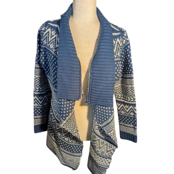 Baciano Blue/white Patterned fair isle open front Coastal cardigan Sweater sz L - Picture 1 of 10